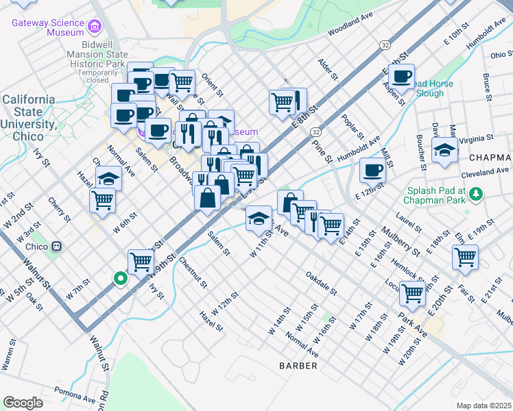 map of restaurants, bars, coffee shops, grocery stores, and more near 1001 Main Street in Chico