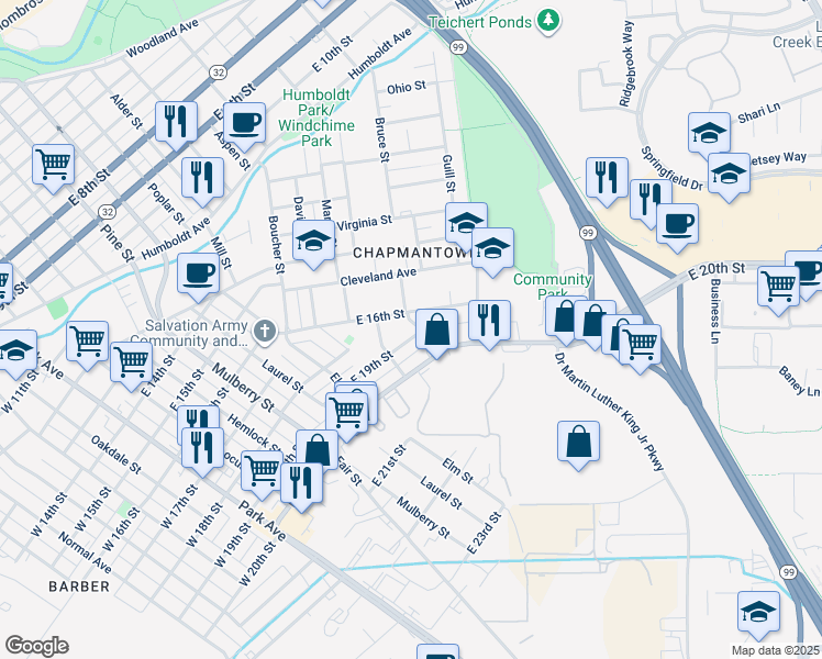 map of restaurants, bars, coffee shops, grocery stores, and more near 892 East 19th Street in Chico
