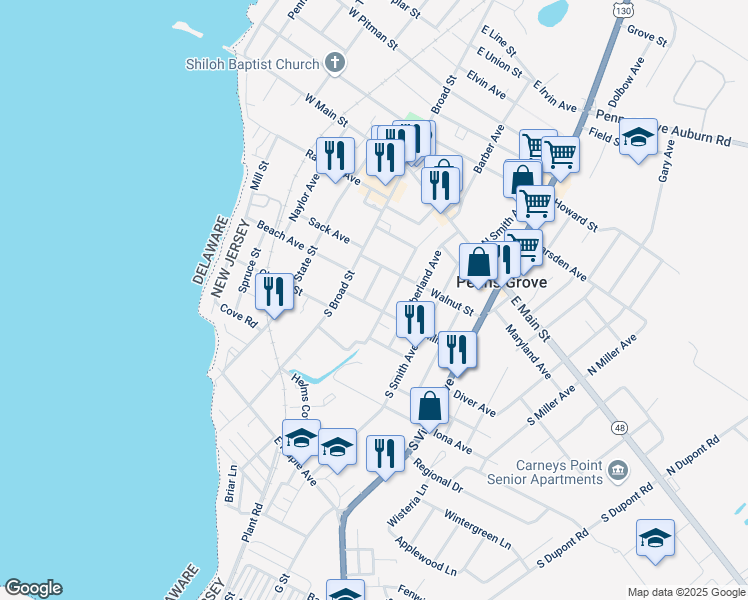 map of restaurants, bars, coffee shops, grocery stores, and more near 17 Willis Avenue in Penns Grove