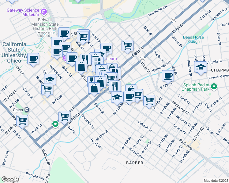 map of restaurants, bars, coffee shops, grocery stores, and more near 1001 Main Street in Chico