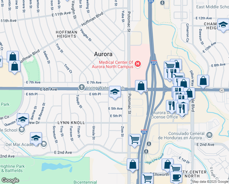 map of restaurants, bars, coffee shops, grocery stores, and more near 621 Potomac Street in Aurora