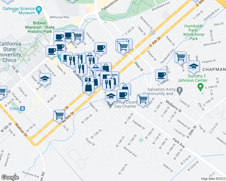 map of restaurants, bars, coffee shops, grocery stores, and more near 195 Humboldt Avenue in Chico