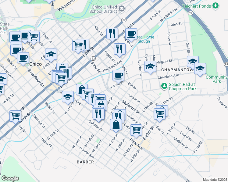 map of restaurants, bars, coffee shops, grocery stores, and more near 1341 Mulberry Street in Chico