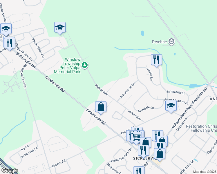 map of restaurants, bars, coffee shops, grocery stores, and more near 112 Sickler Court in Winslow Township