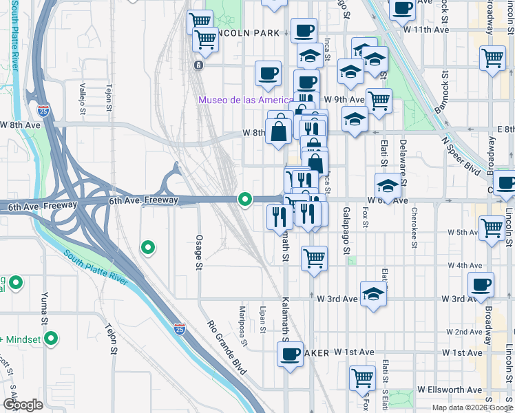 map of restaurants, bars, coffee shops, grocery stores, and more near 606 Lipan Street in Denver
