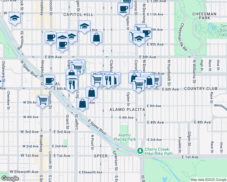 map of restaurants, bars, coffee shops, grocery stores, and more near 568 North Clarkson street in Denver