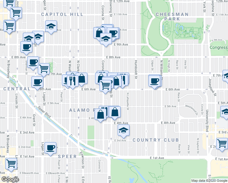 map of restaurants, bars, coffee shops, grocery stores, and more near 621 North Downing Street in Denver