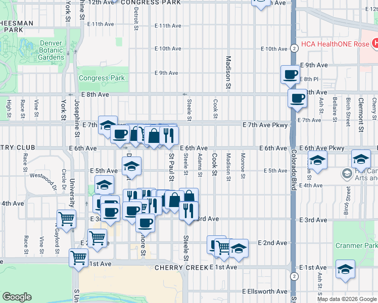 map of restaurants, bars, coffee shops, grocery stores, and more near 620 Steele Street in Denver