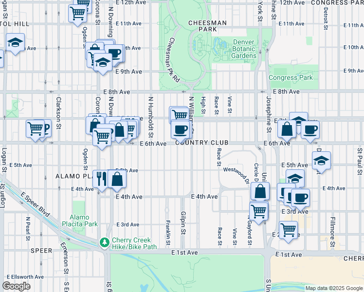 map of restaurants, bars, coffee shops, grocery stores, and more near 630 Gilpin Street in Denver
