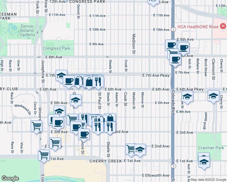 map of restaurants, bars, coffee shops, grocery stores, and more near 3250 East 6th Avenue in Denver