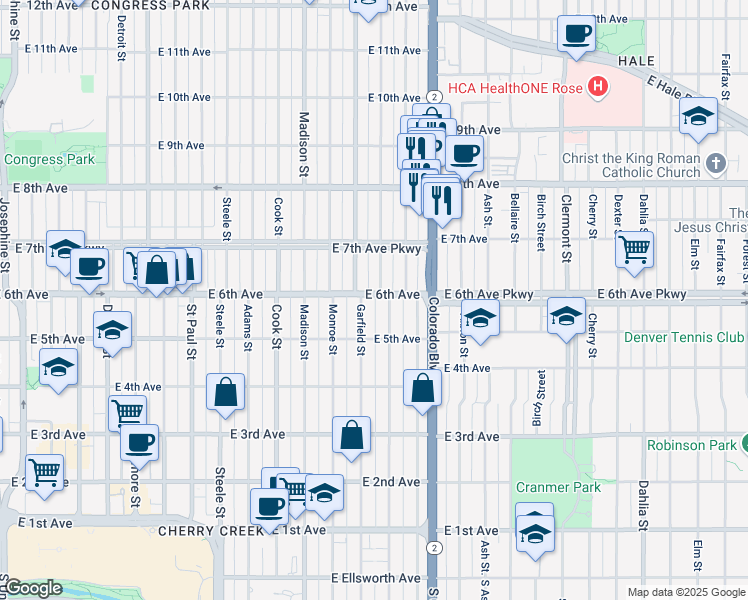 map of restaurants, bars, coffee shops, grocery stores, and more near 619 Jackson Street in Denver