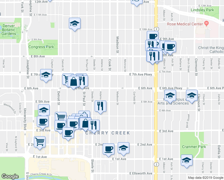 map of restaurants, bars, coffee shops, grocery stores, and more near 619 Cook Street in Denver