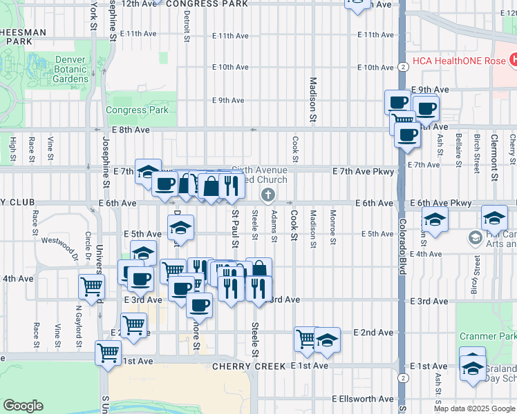 map of restaurants, bars, coffee shops, grocery stores, and more near 620 Steele Street in Denver