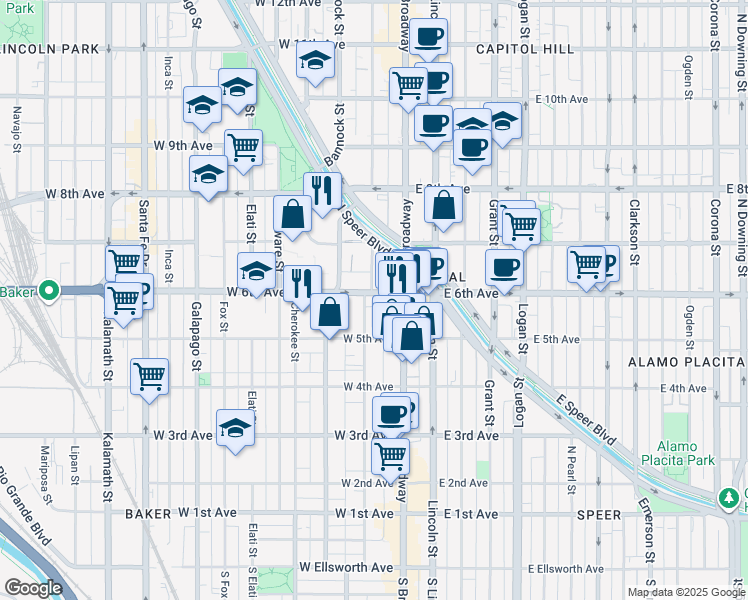 map of restaurants, bars, coffee shops, grocery stores, and more near 667 Bannock Street in Denver