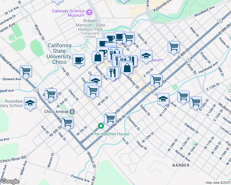 map of restaurants, bars, coffee shops, grocery stores, and more near 530 Normal Avenue in Chico
