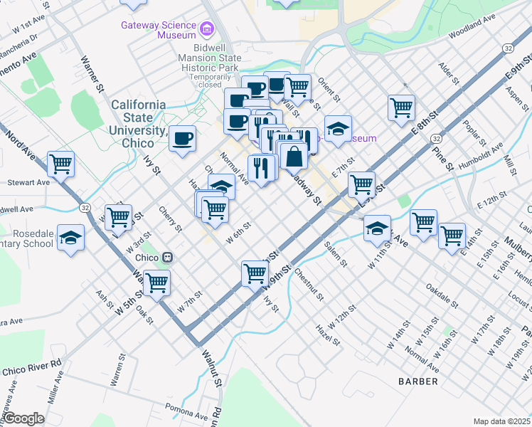 map of restaurants, bars, coffee shops, grocery stores, and more near 530 Normal Avenue in Chico
