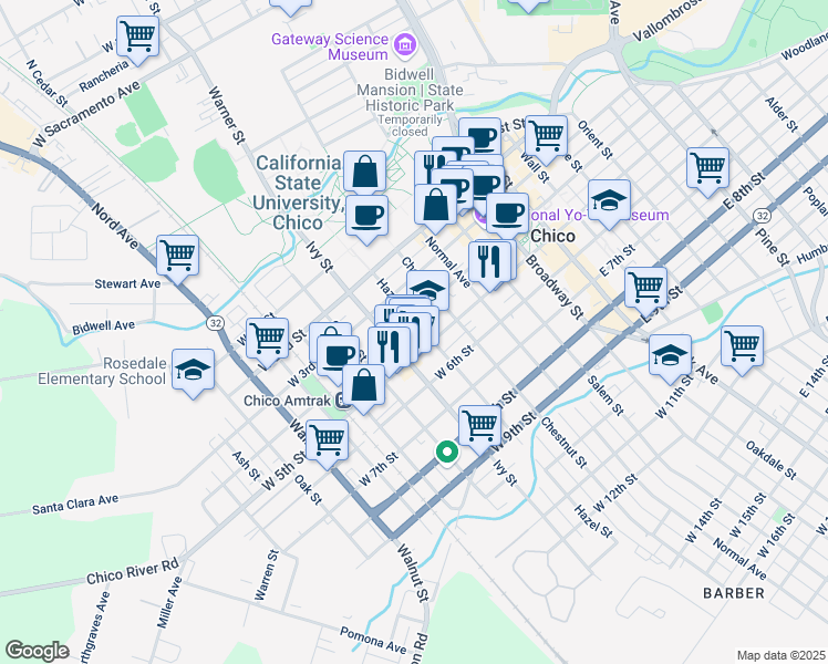 map of restaurants, bars, coffee shops, grocery stores, and more near 346 Hazel Street in Chico