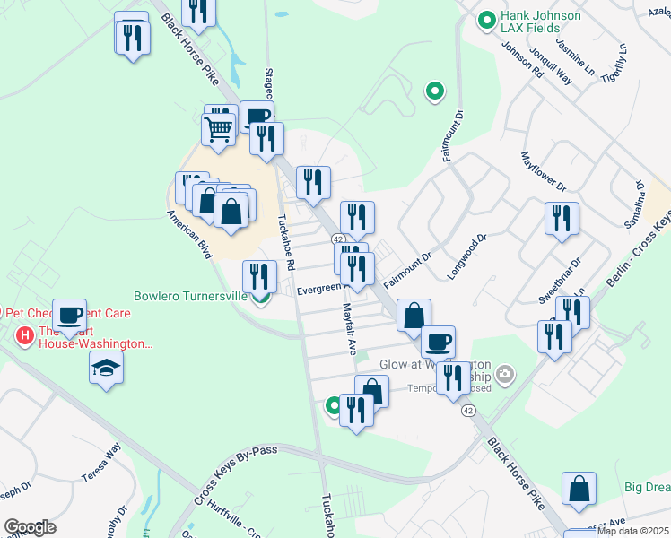 map of restaurants, bars, coffee shops, grocery stores, and more near 30 Woodlawn Avenue in Washington Township