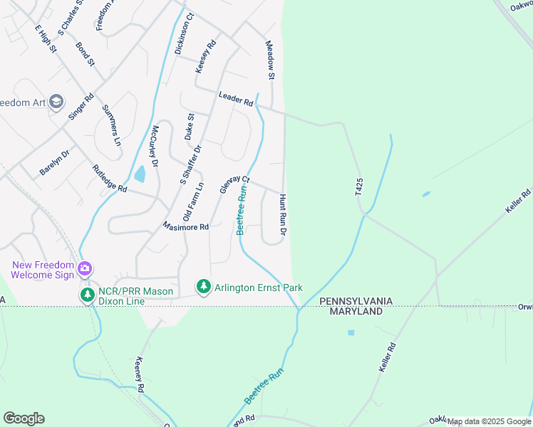 map of restaurants, bars, coffee shops, grocery stores, and more near 9 Hunt Run Drive in New Freedom