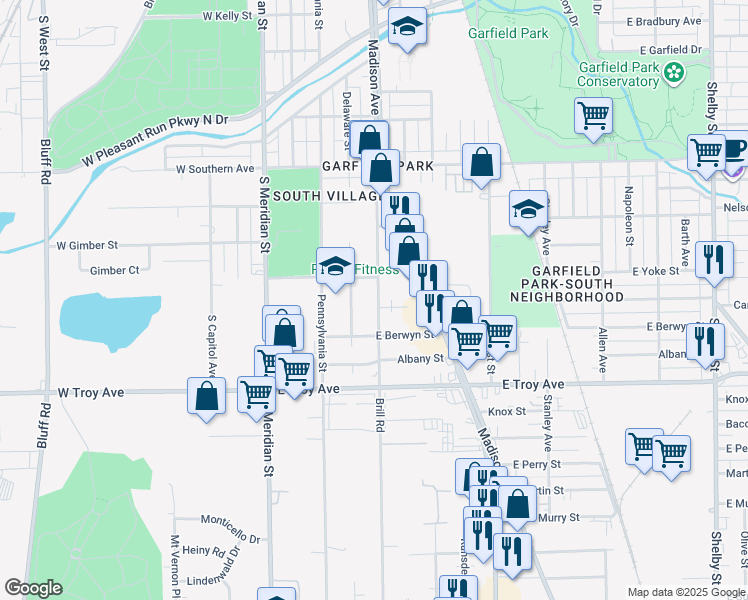 map of restaurants, bars, coffee shops, grocery stores, and more near 2806 Brill Road in Indianapolis