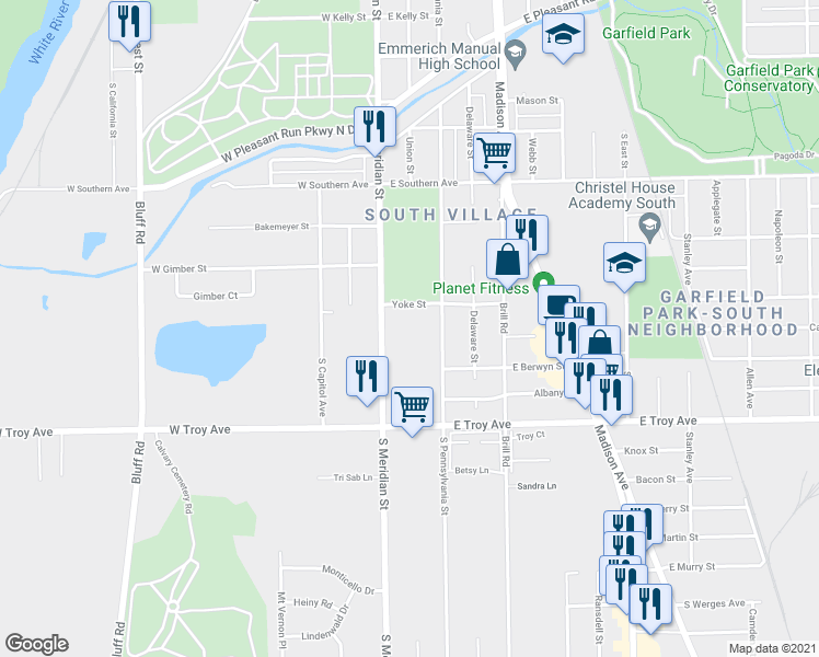 map of restaurants, bars, coffee shops, grocery stores, and more near 2810 South Pennsylvania Street in Indianapolis