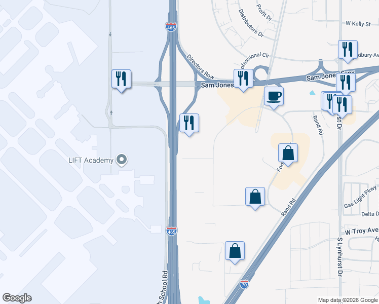 map of restaurants, bars, coffee shops, grocery stores, and more near 5860 Fortune Circle West in Indianapolis