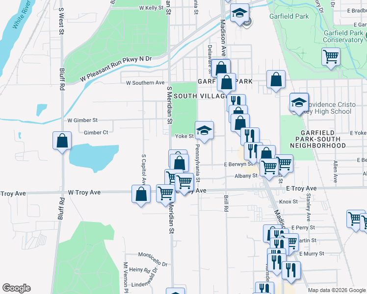 map of restaurants, bars, coffee shops, grocery stores, and more near 2810 South Pennsylvania Street in Indianapolis