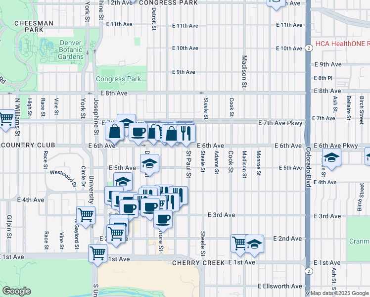 map of restaurants, bars, coffee shops, grocery stores, and more near 618 Milwaukee Street in Denver