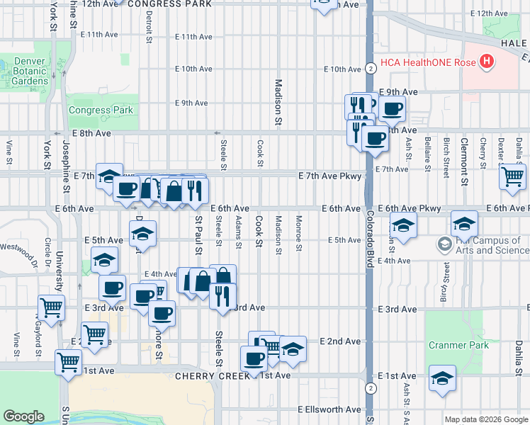 map of restaurants, bars, coffee shops, grocery stores, and more near 619 Cook Street in Denver