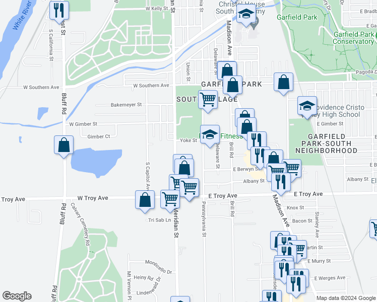 map of restaurants, bars, coffee shops, grocery stores, and more near 2826 South Pennsylvania Street in Indianapolis