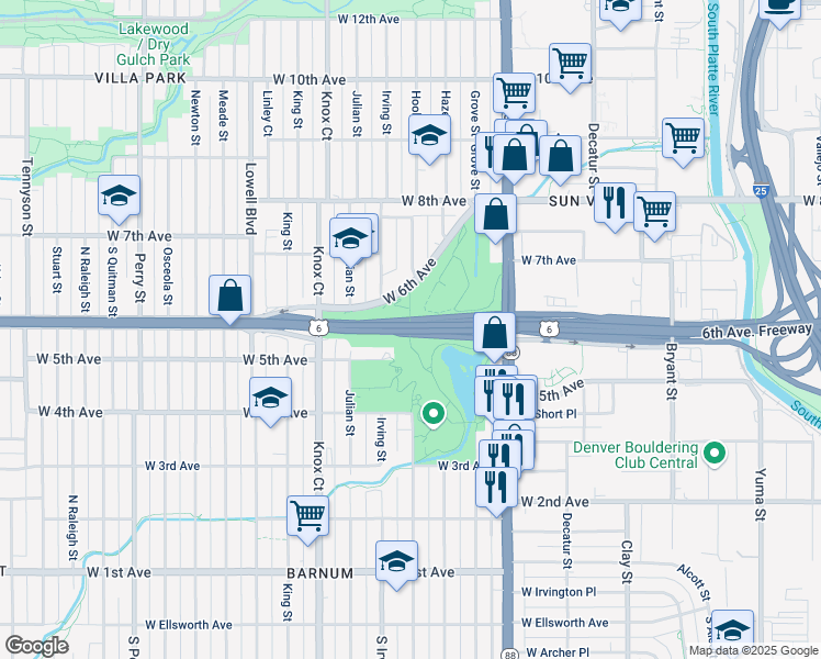 map of restaurants, bars, coffee shops, grocery stores, and more near Barnum Park Bridge in Denver
