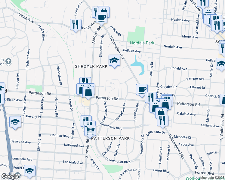 map of restaurants, bars, coffee shops, grocery stores, and more near 99 Patterson Village Dr in Dayton