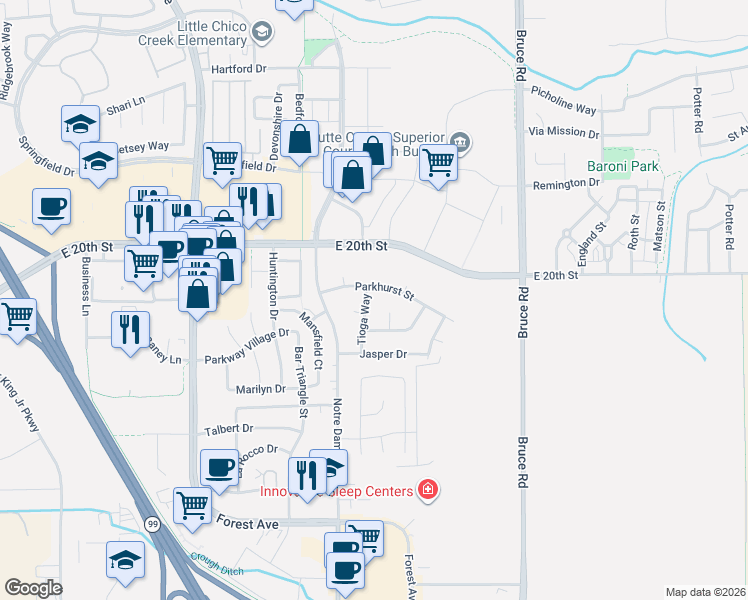 map of restaurants, bars, coffee shops, grocery stores, and more near 17 Tioga Way in Chico
