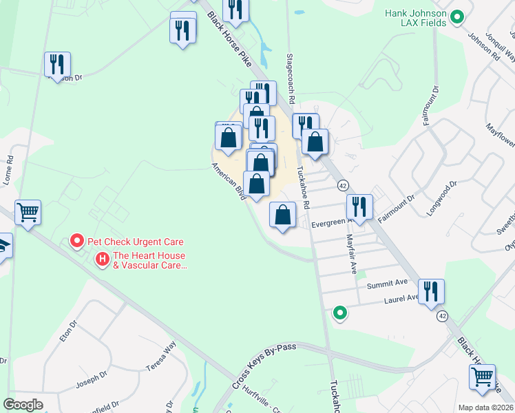 map of restaurants, bars, coffee shops, grocery stores, and more near 130 American Boulevard in Washington Township