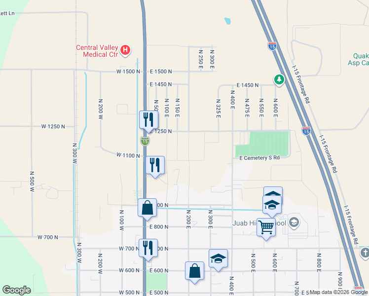 map of restaurants, bars, coffee shops, grocery stores, and more near 1169 North 200 East in Nephi