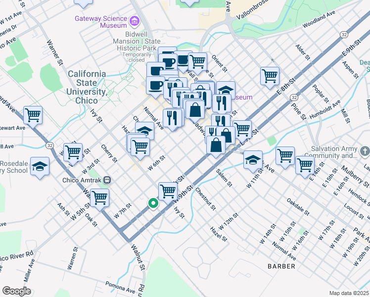 map of restaurants, bars, coffee shops, grocery stores, and more near 631 Normal Avenue in Chico