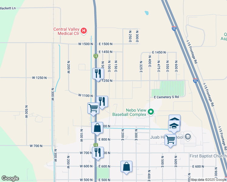 map of restaurants, bars, coffee shops, grocery stores, and more near 1167 North 150 East in Nephi