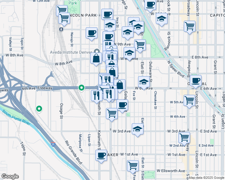 map of restaurants, bars, coffee shops, grocery stores, and more near in Denver