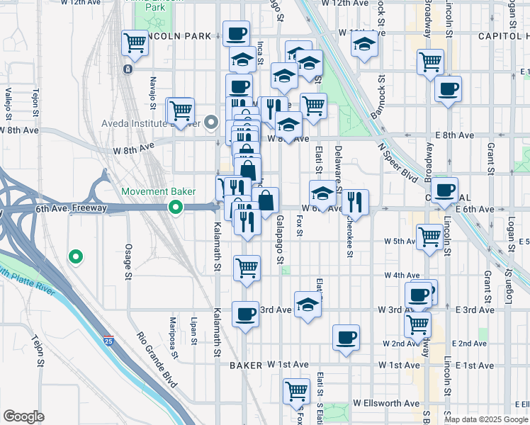 map of restaurants, bars, coffee shops, grocery stores, and more near 616 Inca Street in Denver