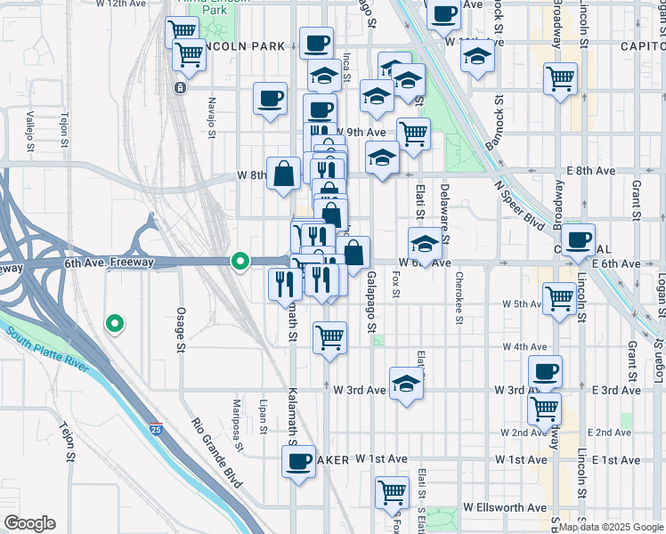 map of restaurants, bars, coffee shops, grocery stores, and more near 574 Santa Fe Drive in Denver