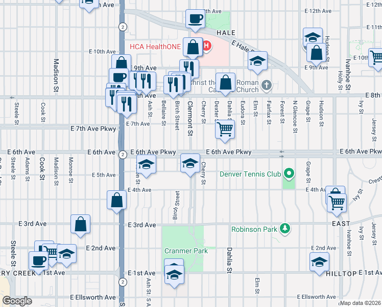 map of restaurants, bars, coffee shops, grocery stores, and more near 4431 East 6th Avenue Parkway in Denver