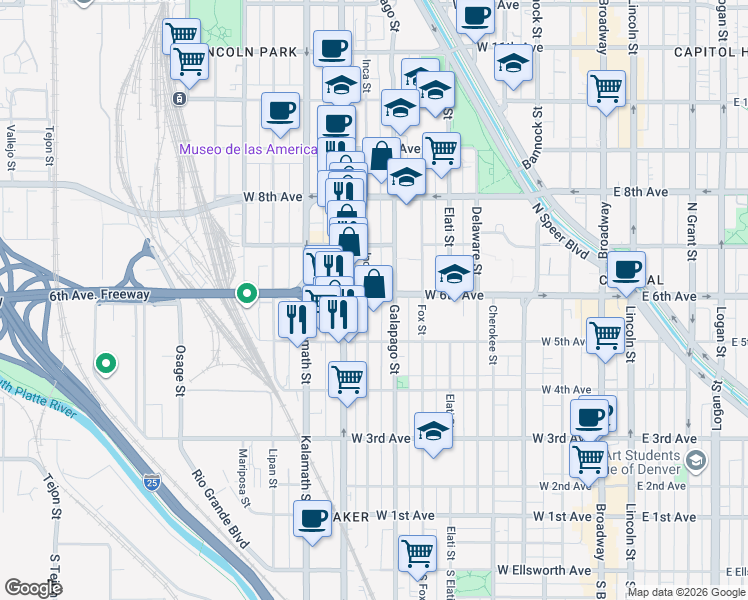 map of restaurants, bars, coffee shops, grocery stores, and more near 616 Inca Street in Denver
