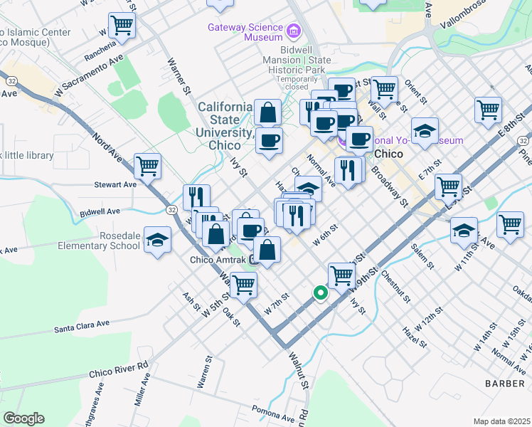 map of restaurants, bars, coffee shops, grocery stores, and more near 305 Ivy Street in Chico