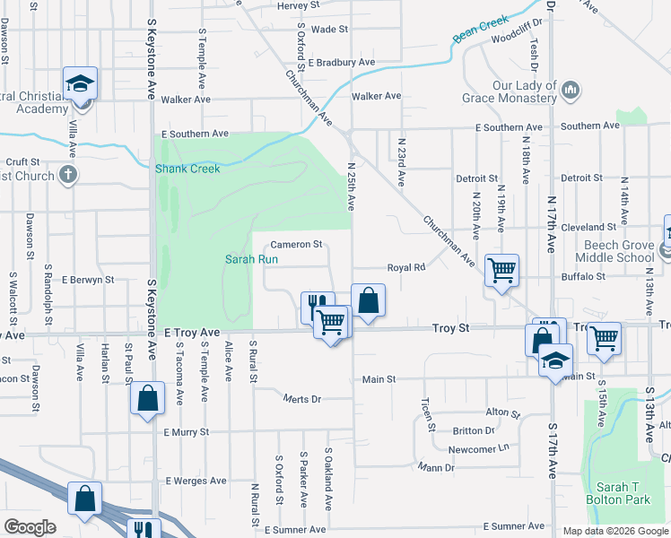 map of restaurants, bars, coffee shops, grocery stores, and more near 2833 South Oakland Avenue in Indianapolis