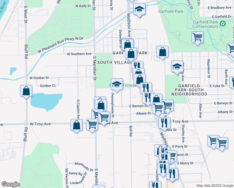 map of restaurants, bars, coffee shops, grocery stores, and more near 2800 Delaware Street in Indianapolis