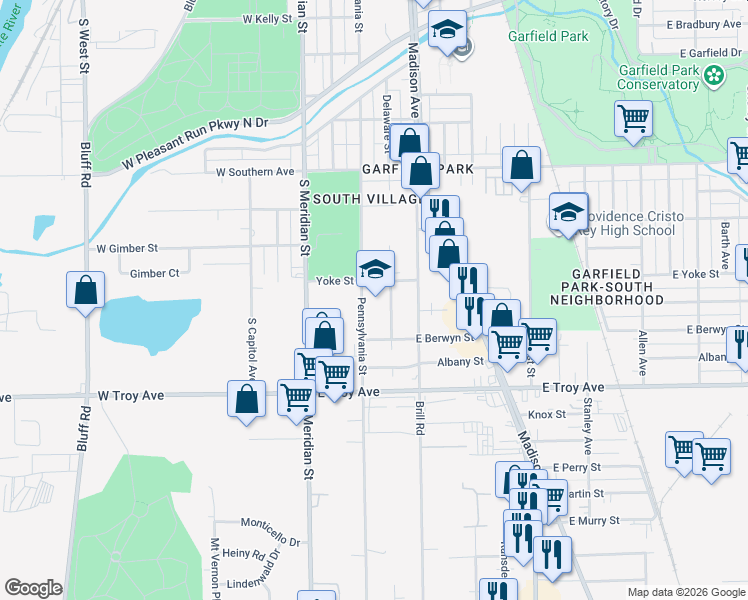 map of restaurants, bars, coffee shops, grocery stores, and more near 2800 Delaware Street in Indianapolis