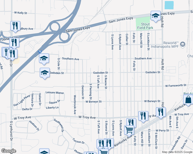map of restaurants, bars, coffee shops, grocery stores, and more near 13 Gadsden Street in Indianapolis