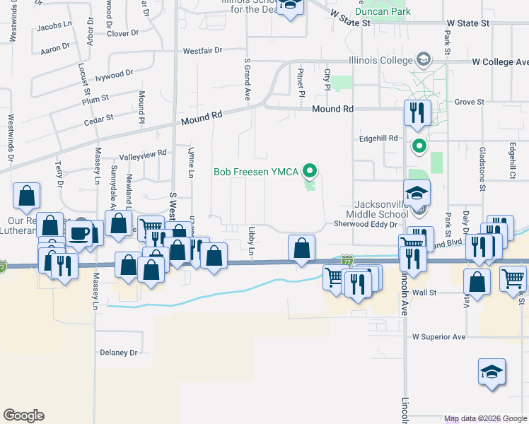 map of restaurants, bars, coffee shops, grocery stores, and more near 2-22 Justin Drive in Jacksonville