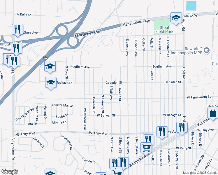 map of restaurants, bars, coffee shops, grocery stores, and more near 13 Gadsden Street in Indianapolis