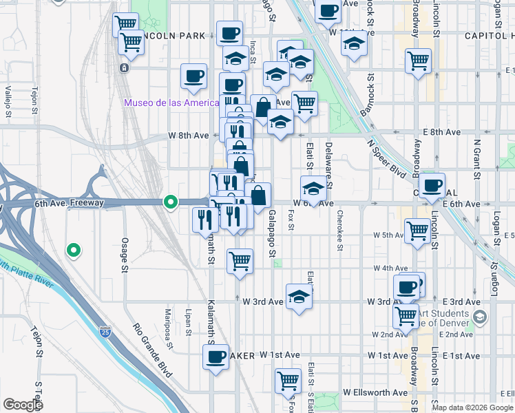 map of restaurants, bars, coffee shops, grocery stores, and more near 616 Inca Street in Denver